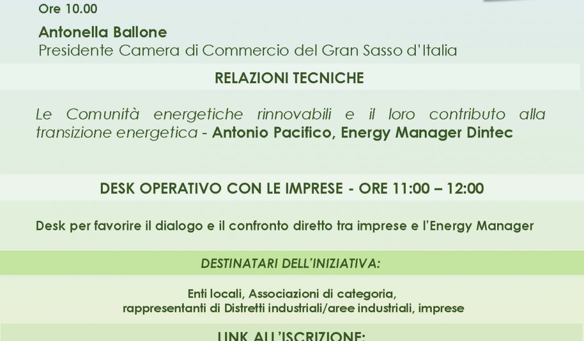 Incontro Webinar “IL RUOLO STRATEGICO DELLE COMUNITA’ ENERGETICHE PER LE IMPRESE E IL TERRITORIO