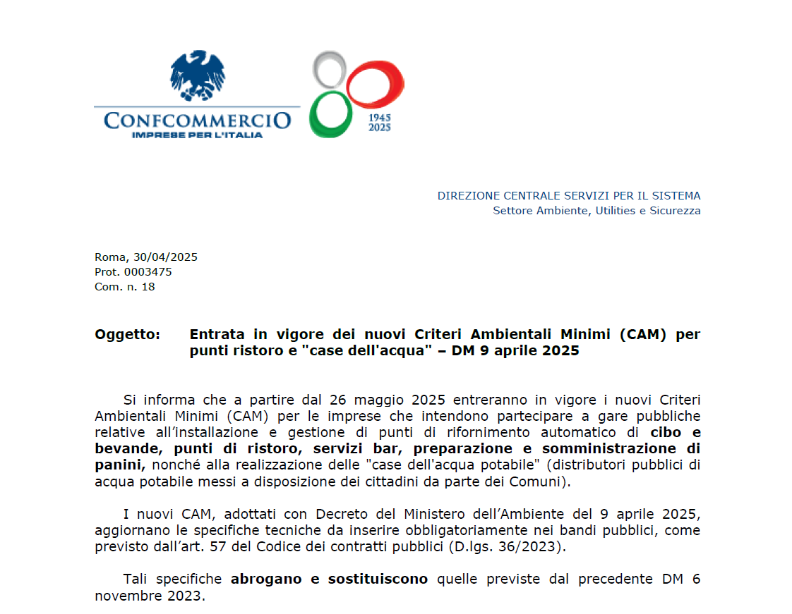 nuovi Criteri Ambientali Minimi (CAM) per punti di ristori e “case dell’acqua” – DM 9 aprile 2025.