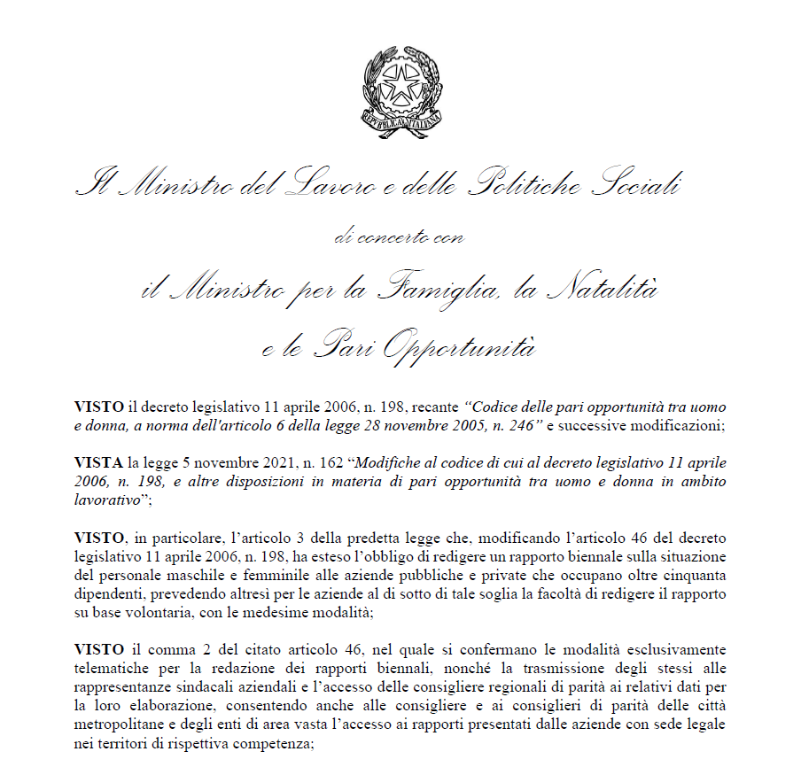 COM. 12 – Parità di genere – Rapporto biennale invio entro il 30 aprile 2026